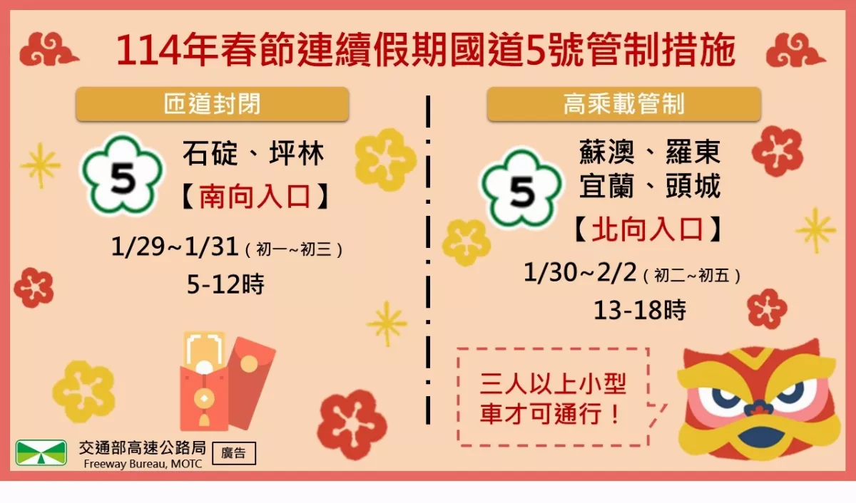 國5春節車潮 留意高乘載管制